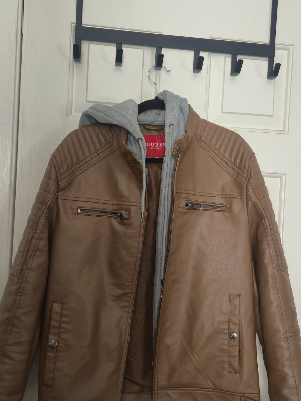 GUESS Men’s Tan Faux Leather Jacket with Removable Grey Hoodie